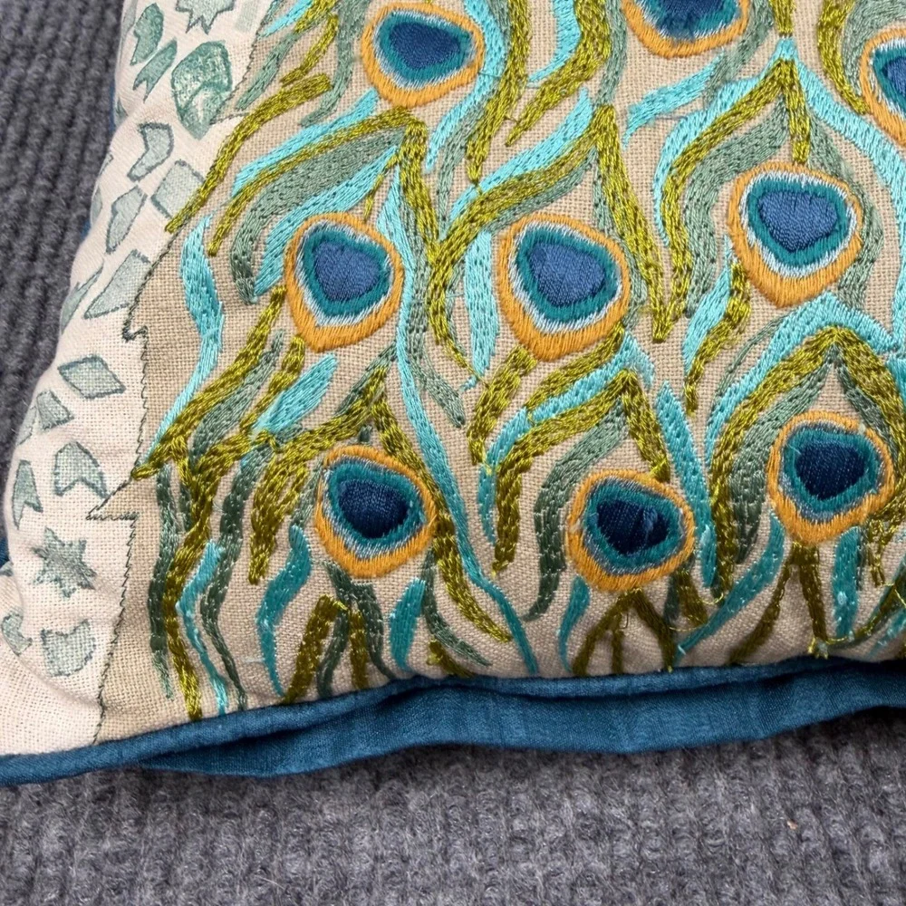 World Market Throw Pillow 18x18 Cotton Embroidered Peacock Dimensional Decor